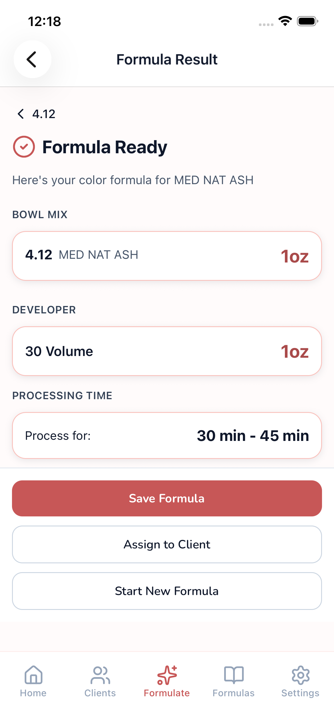 The Formula app showing a ready-to-mix bowl formula with shade codes and developer