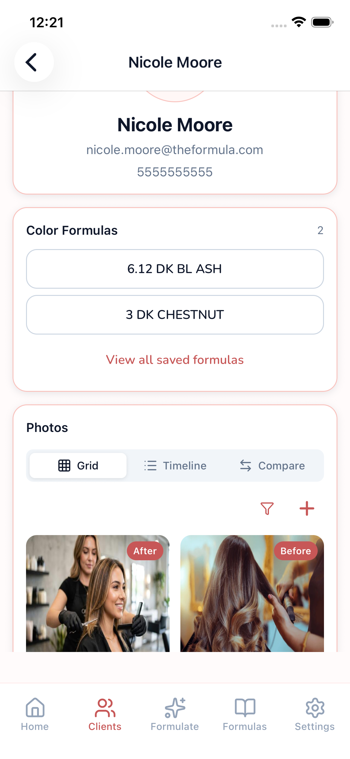 Client profile with formulas and consultation notes