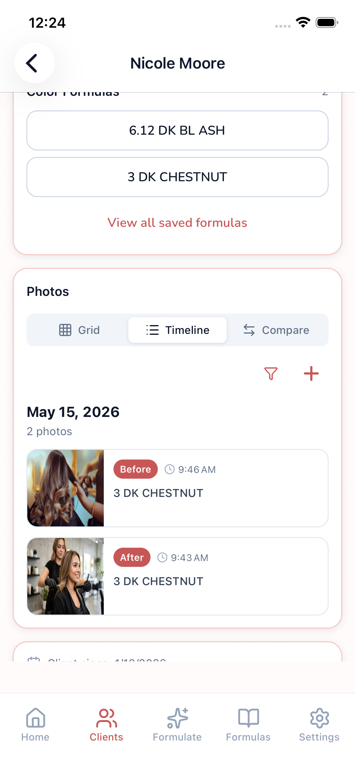 Before and after photo timeline linked to formulas