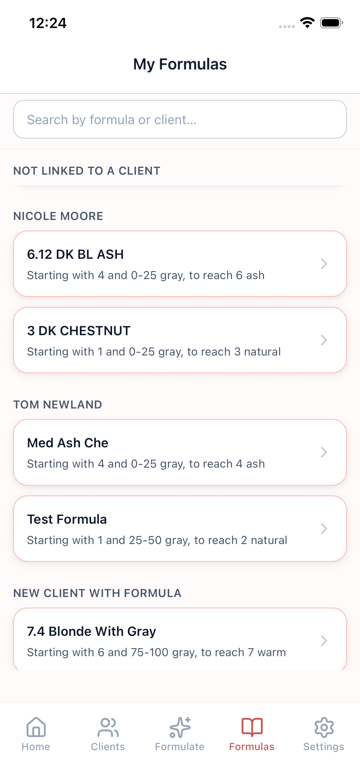Formula library organized by client